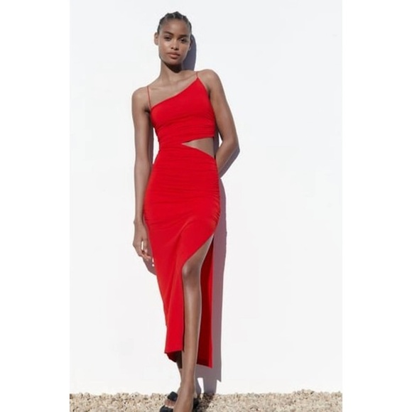 ZARA Red Cut Out Asymmetrical Midi Dress With High Slit - Picture 1 of 6